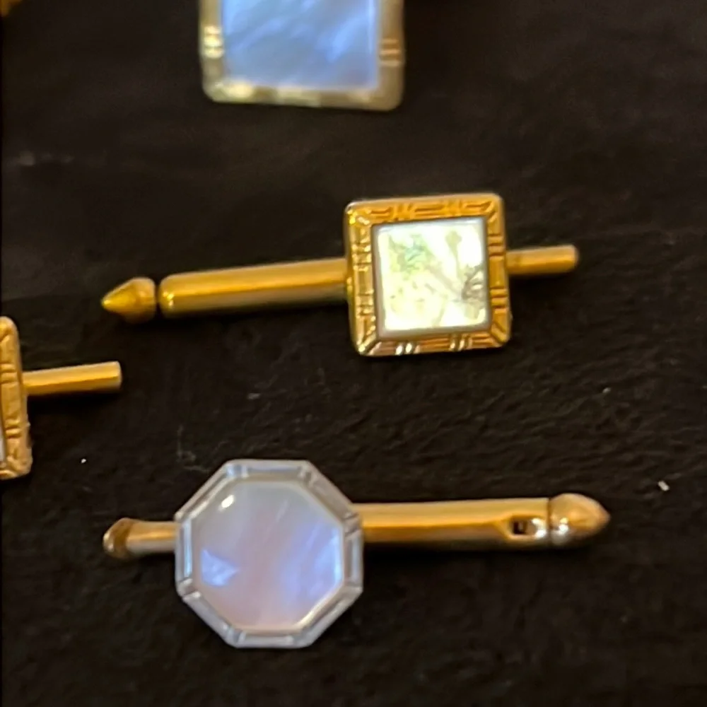 Antique gold tone mother of pearl cufflinks & Nu lok Swank studs tuxedo set